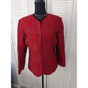 Thai 100% Silk Jacket Women's Sz L Top Blazer Red Embroidered Lined Glam Elegant